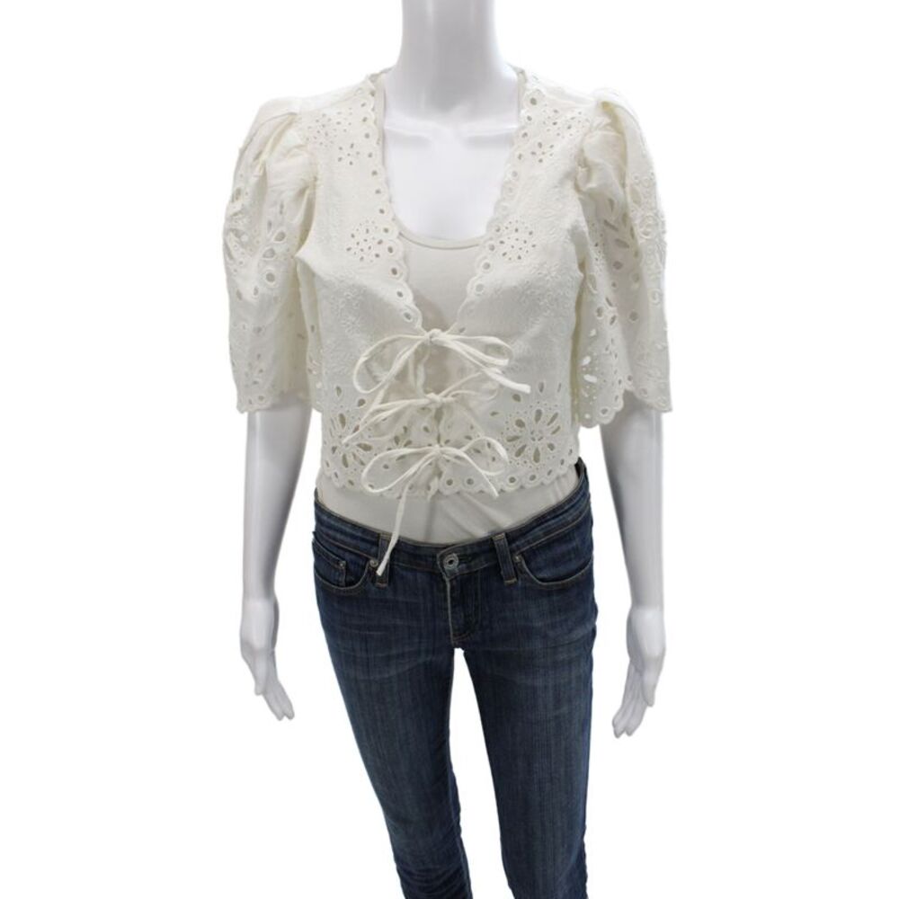 Sea Womens Cropped White V-Neck Boho Floral Blouse Short Sleeve Size XS